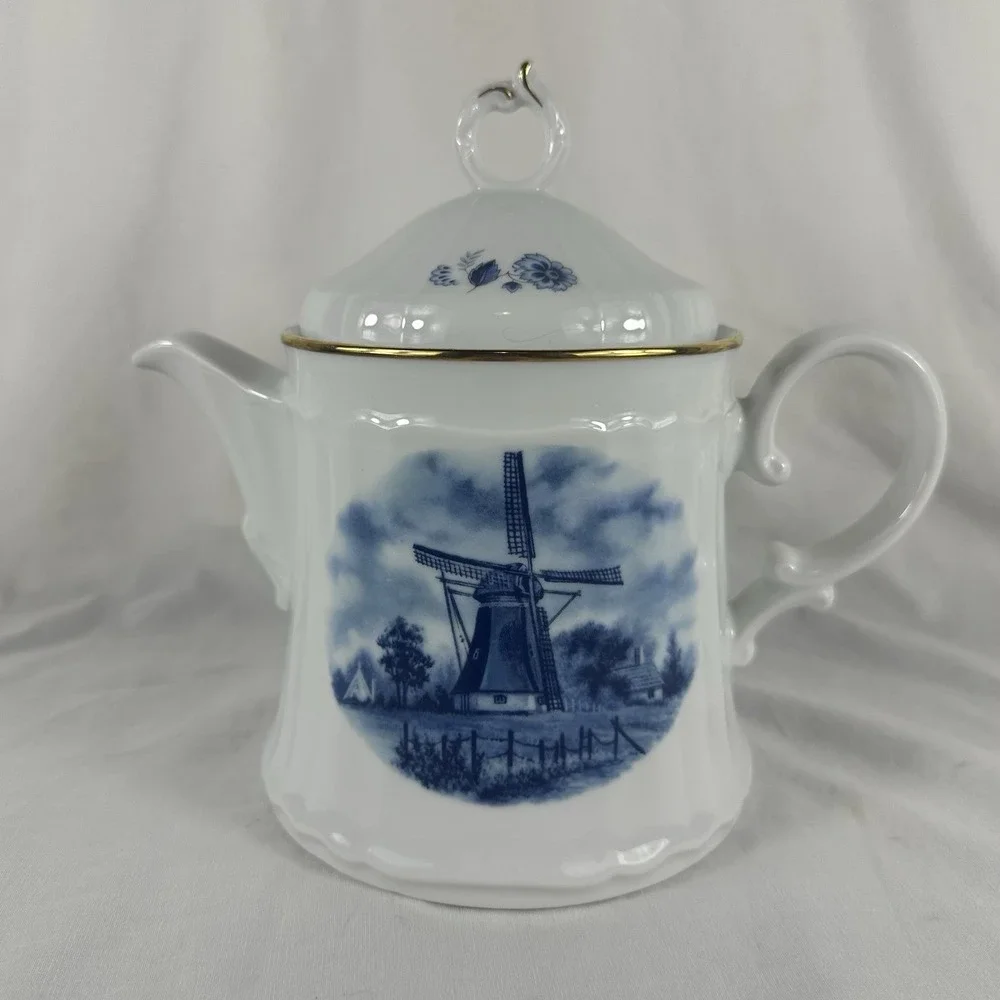 Delft Blauw Ter Steege eschenbach Windmill Teapot Hand Decorated Holland Gold